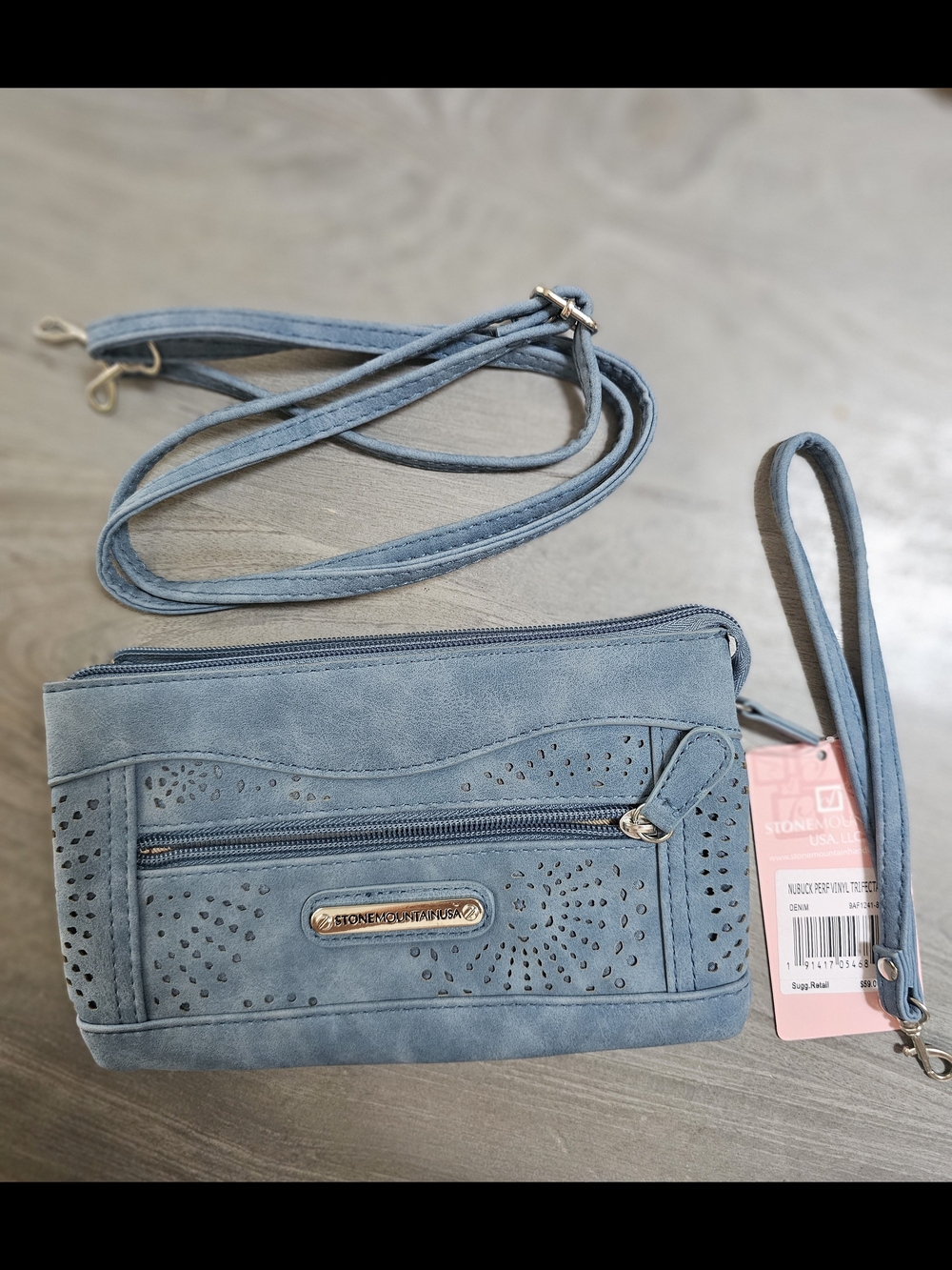 Stone Mountain Accessories Dusty Blue Perforated Faux-Suede Crossbdy - Picture 6 of 12